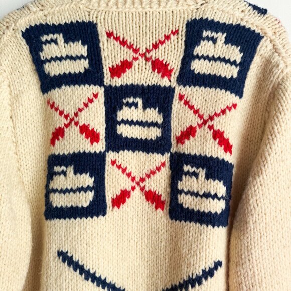 Vintage 60s hand-knit Chunky Curling Cardigan Sweater Wool L - Picture 6 of 7